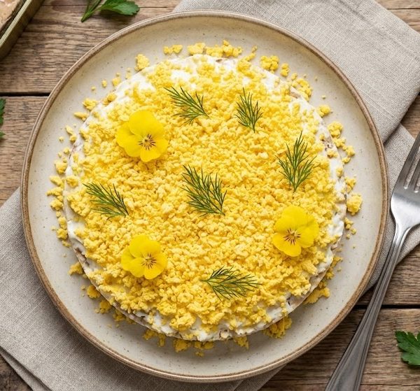 Salată «Mimoza»: Rețeta clasică pas cu pas cu gramaje exacte și calorii