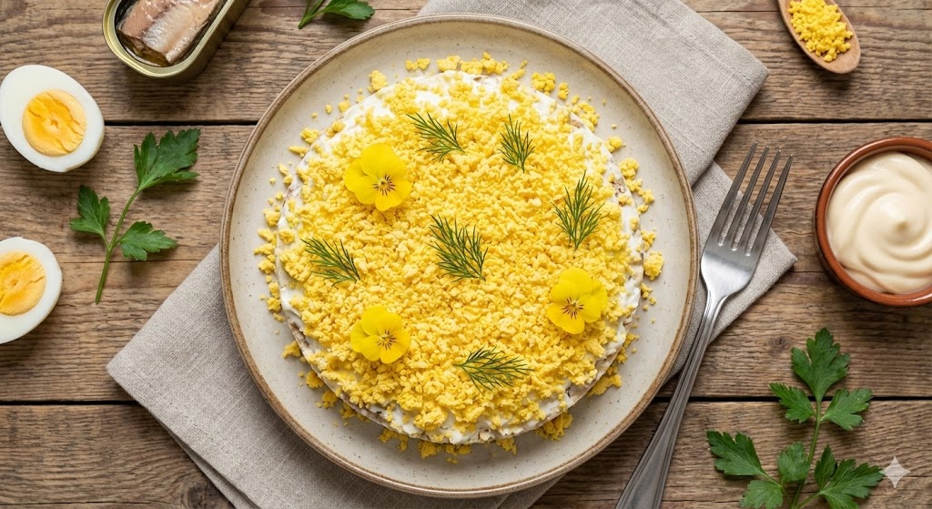 Salată «Mimoza»: Rețeta clasică pas cu pas cu gramaje exacte și calorii